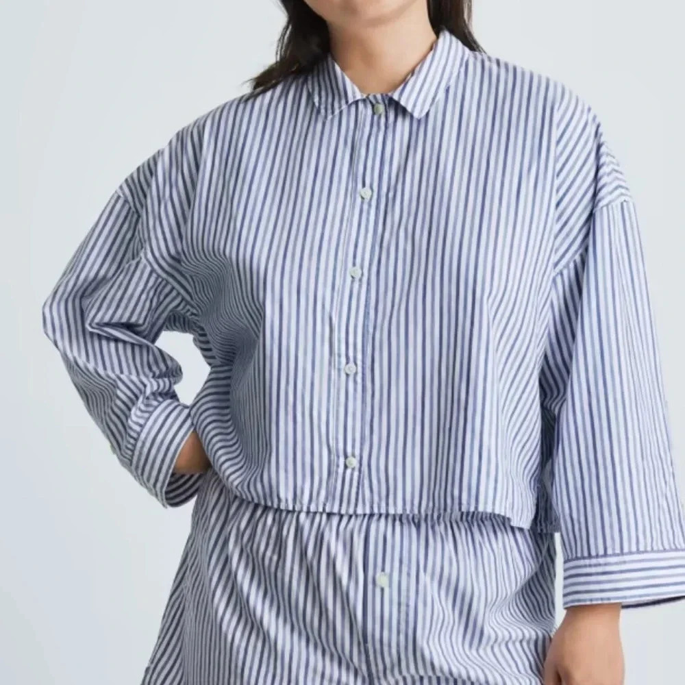 New Everlane The Woven P.J. Top Blue Stripe XS